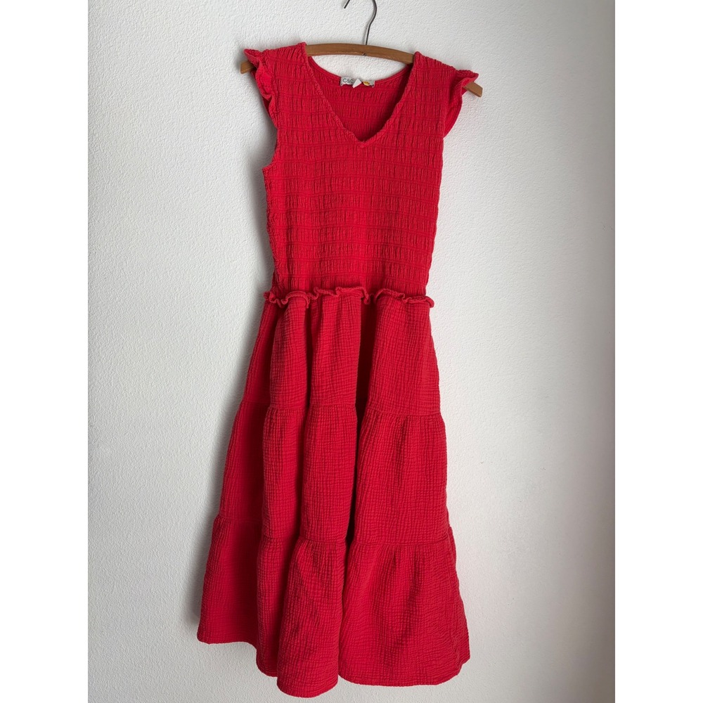 C&C California Red Cotton Gauze Smocked Tiered Midi Dress with Pockets Small